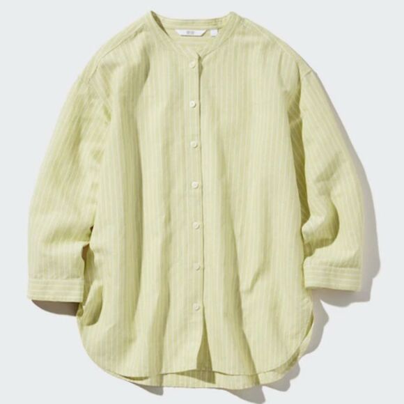 Uniqlo Linen Blend Striped Button Down Shirt Medium 3/4 Sleeve Band Collar Green - Picture 1 of 11